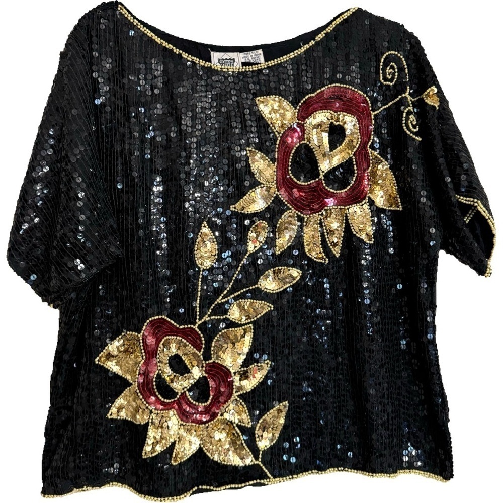 Beaded Vintage Cotton Castle Silk Sequin Blouse Top Party Cocktail Floral Sz OS
